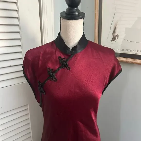 Vintage BENJAMIN A Dress Womens 12 Burgundy Satin Maxi Gown Mandarin Collar 80s